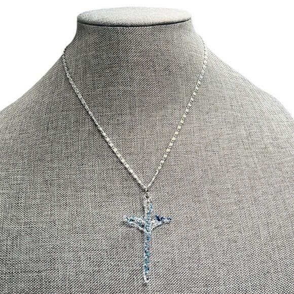 Cross Necklace Dangle Earring Set Vintage Art Glass Clear Blue Religious - Picture 2 of 7